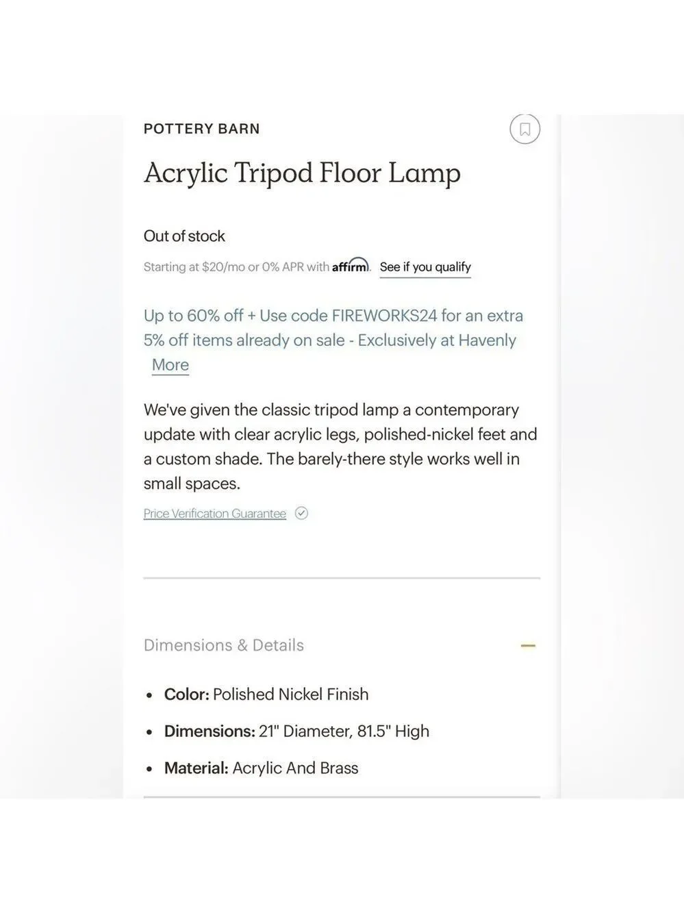 Like New Pottery Barn Acrylic and Polished Nickel Foot Tripod Lamp